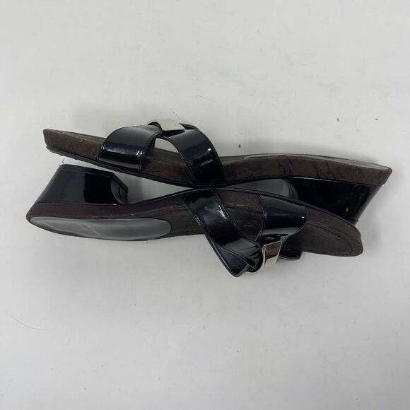 Stuart Weitzman Women's Cork Slip On Sandals Open Toe Black Patent Strap Sz 8.5 - Picture 4 of 9